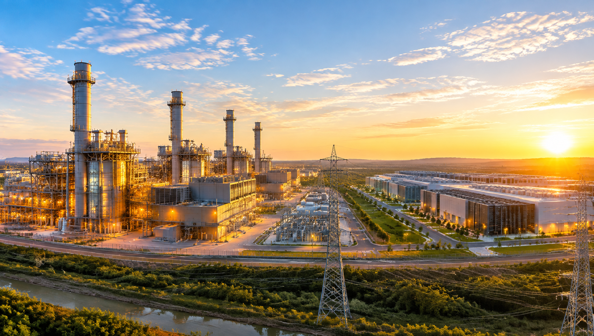 Gas-fired power plant and data center campus at dusk